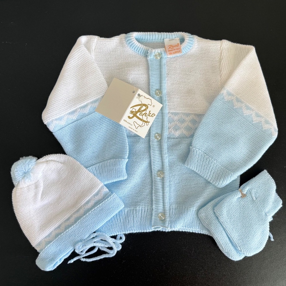 Renzo Knit Cardigan‎ Set Baby 0-3M Blue White Italian 3pc Hat Booties Vintage